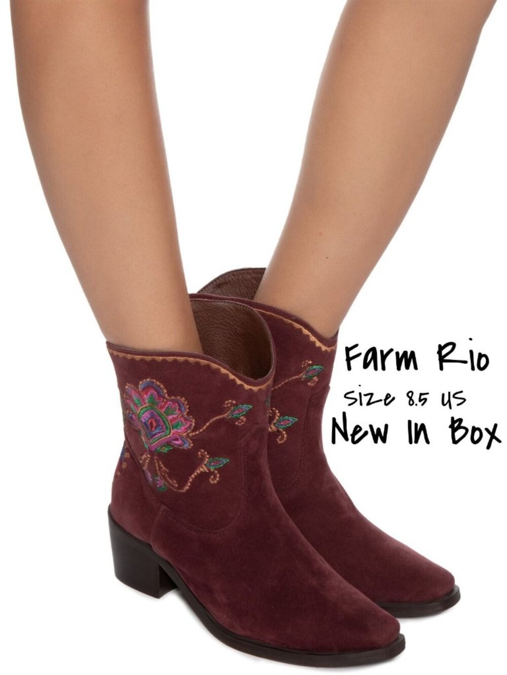 Farm Rio Marsala Short Cowboy Boot - Boho Embroidered Western Leather US 8.5 New
